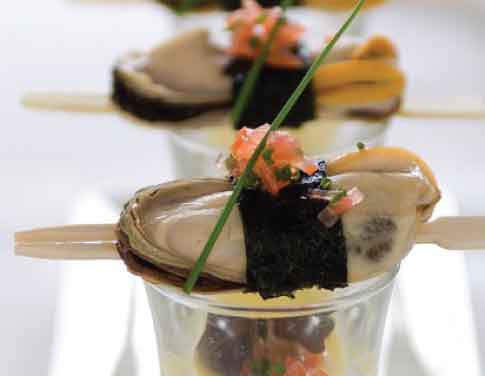New Zealand Greenshell™ Mussels wrapped in Nori over a chilled Leek Potato and Saffron Soup